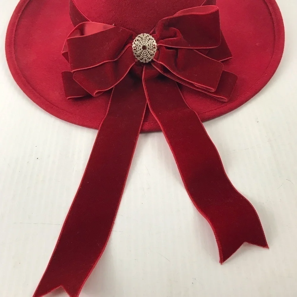 Nancy Hughes Hat She’s A Lady Western Red Wool Felt Velveteen Band & Bow  6.3/4